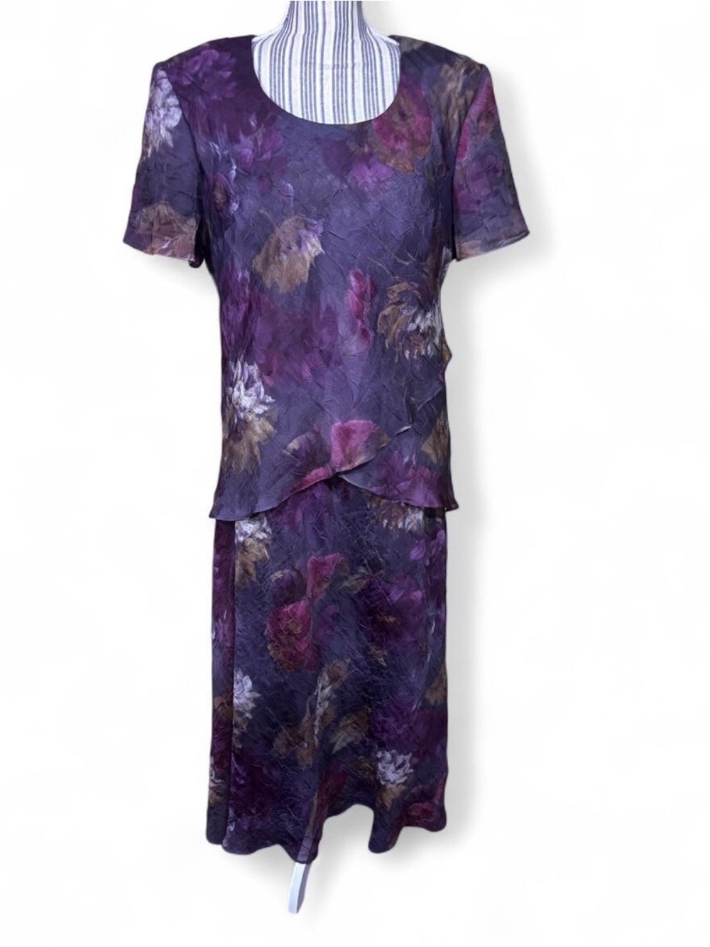 Vintage textured crinkle fabric deep purple floral abstract matching set women’s